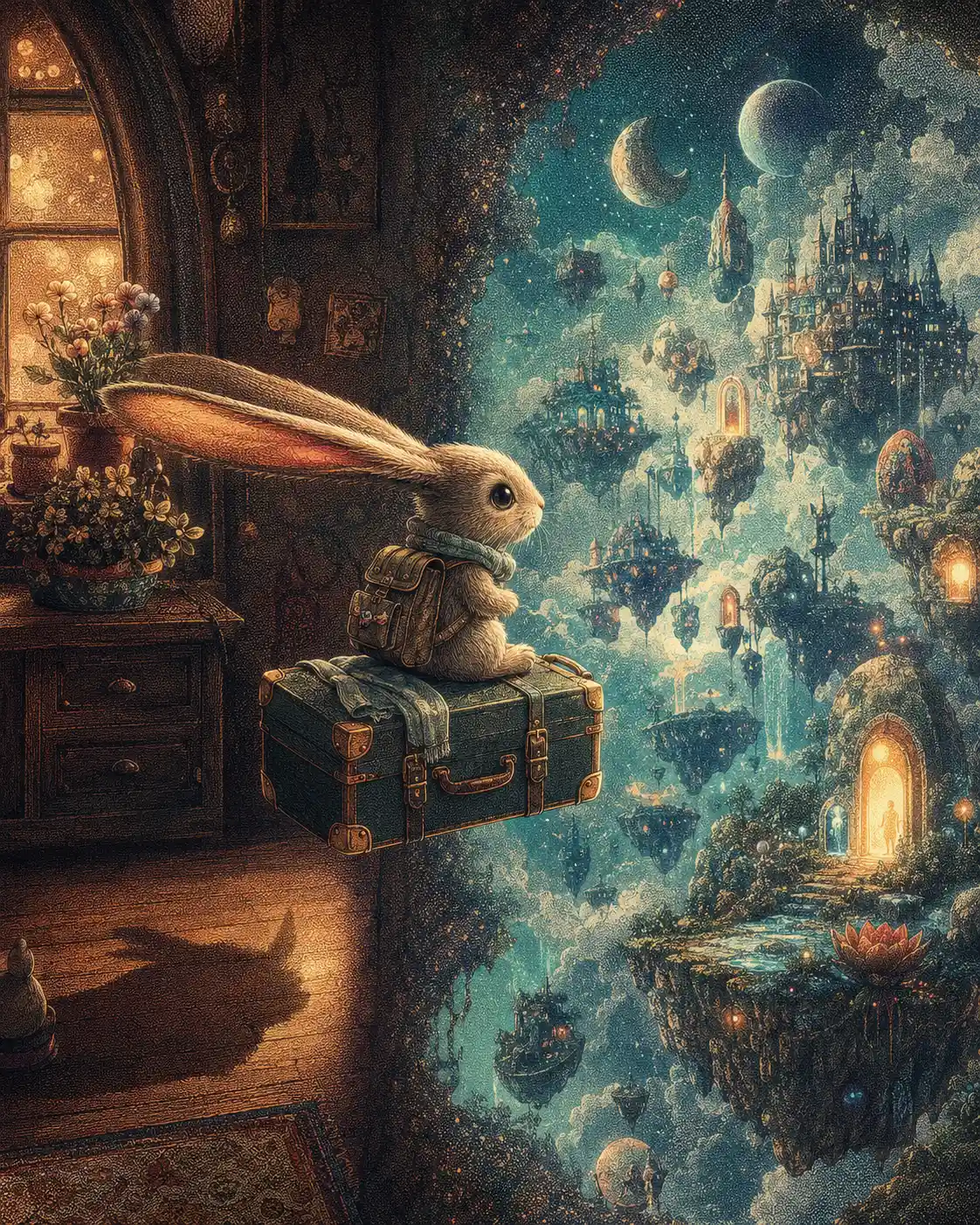 Tiny rabbit on floating suitcase between home and fantasy