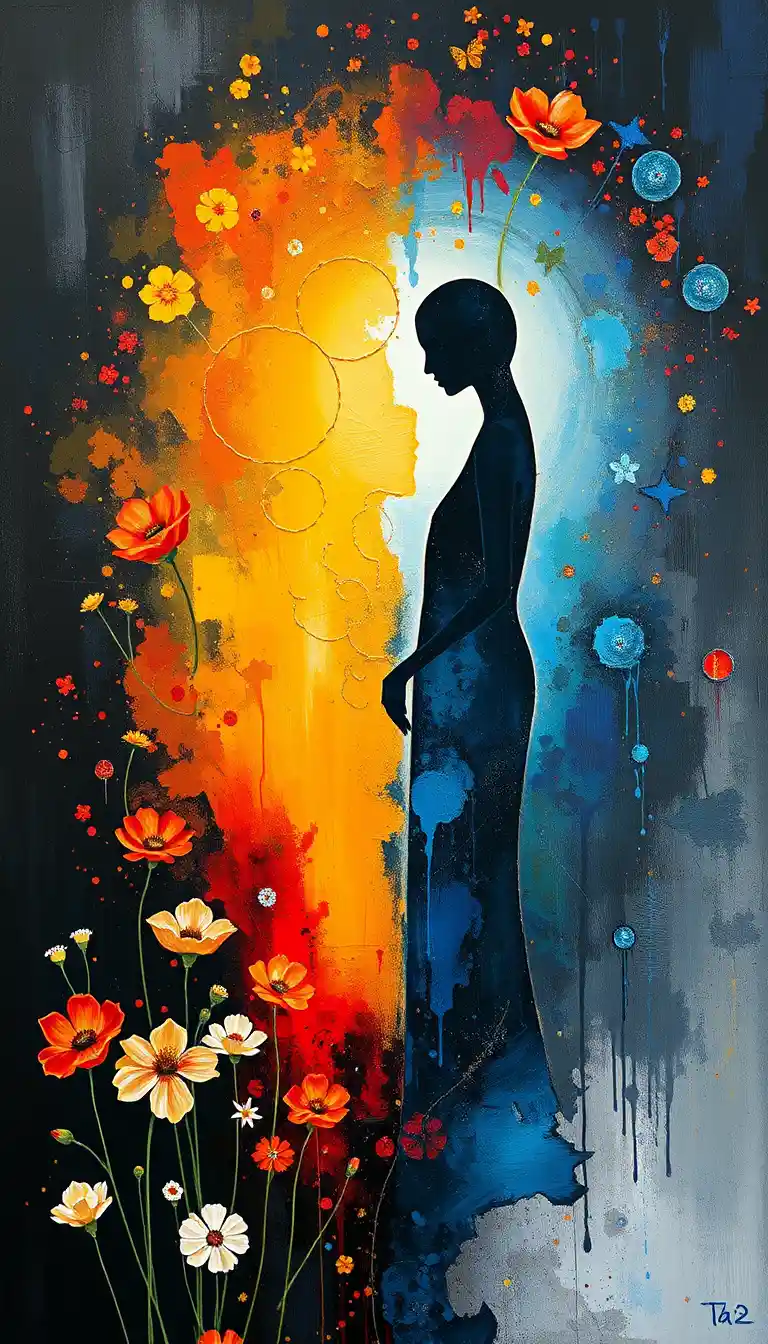 Contemplative abstract painting with floral background and figures