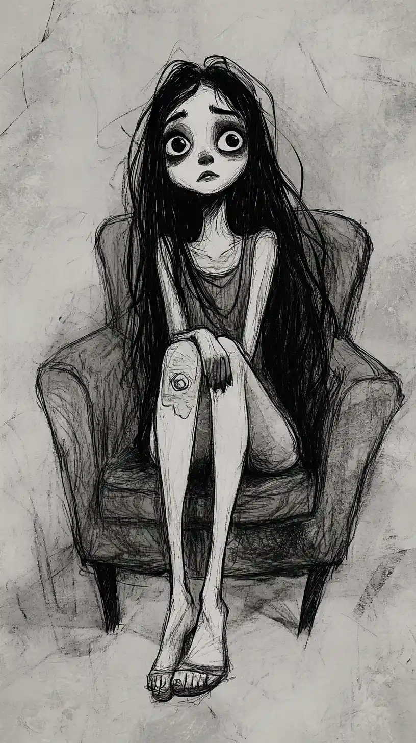 Ilustración en tinta con ambiente de una joven en una silla moderna