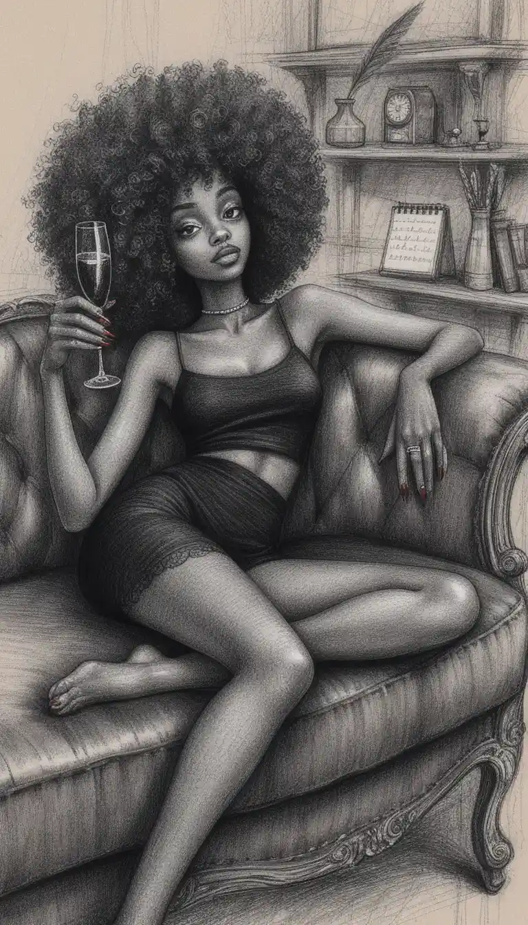 Mujer negra relajada en sofá oscuro – ilustración a tinta