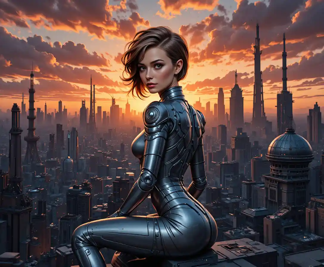 Mujer futurista acorazada sobre una ciudad brillante al atardecer