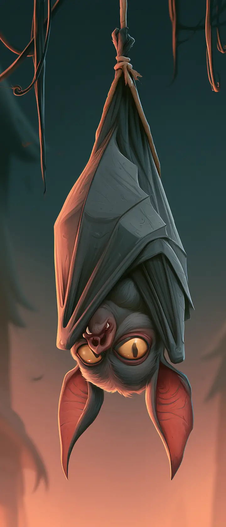 Angry vampire bat hanging upside down against night sky