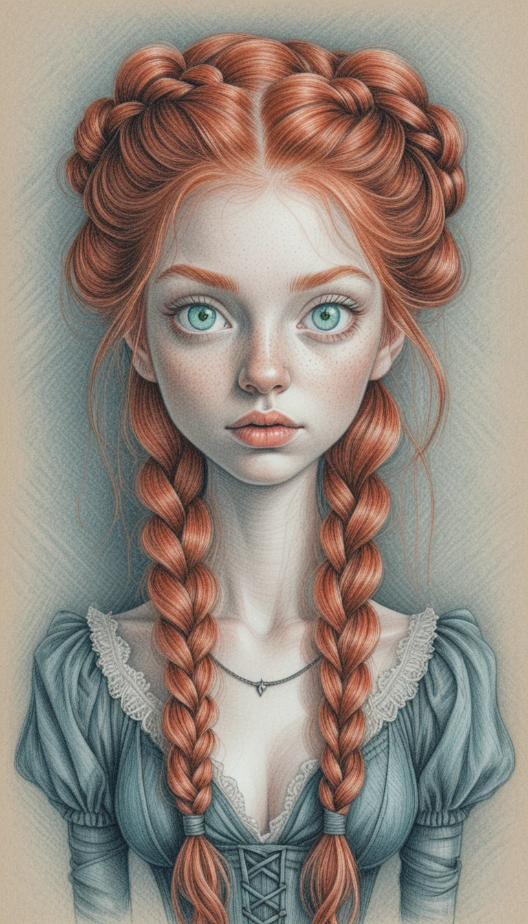 Retrato de chica pelirroja en dibujo detallado a lápices de colores