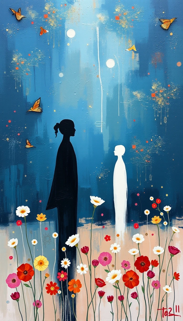 Contemplative impasto painting with abstract floral figures