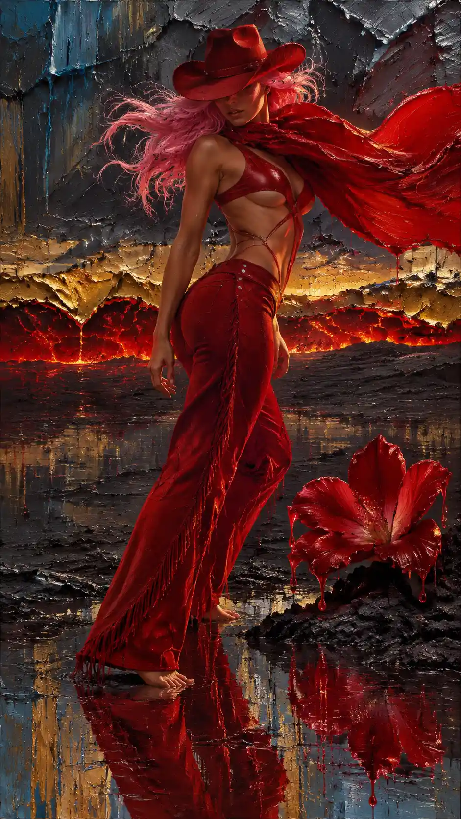 Scarlet cowgirl in surreal volcanic shoreline reflection