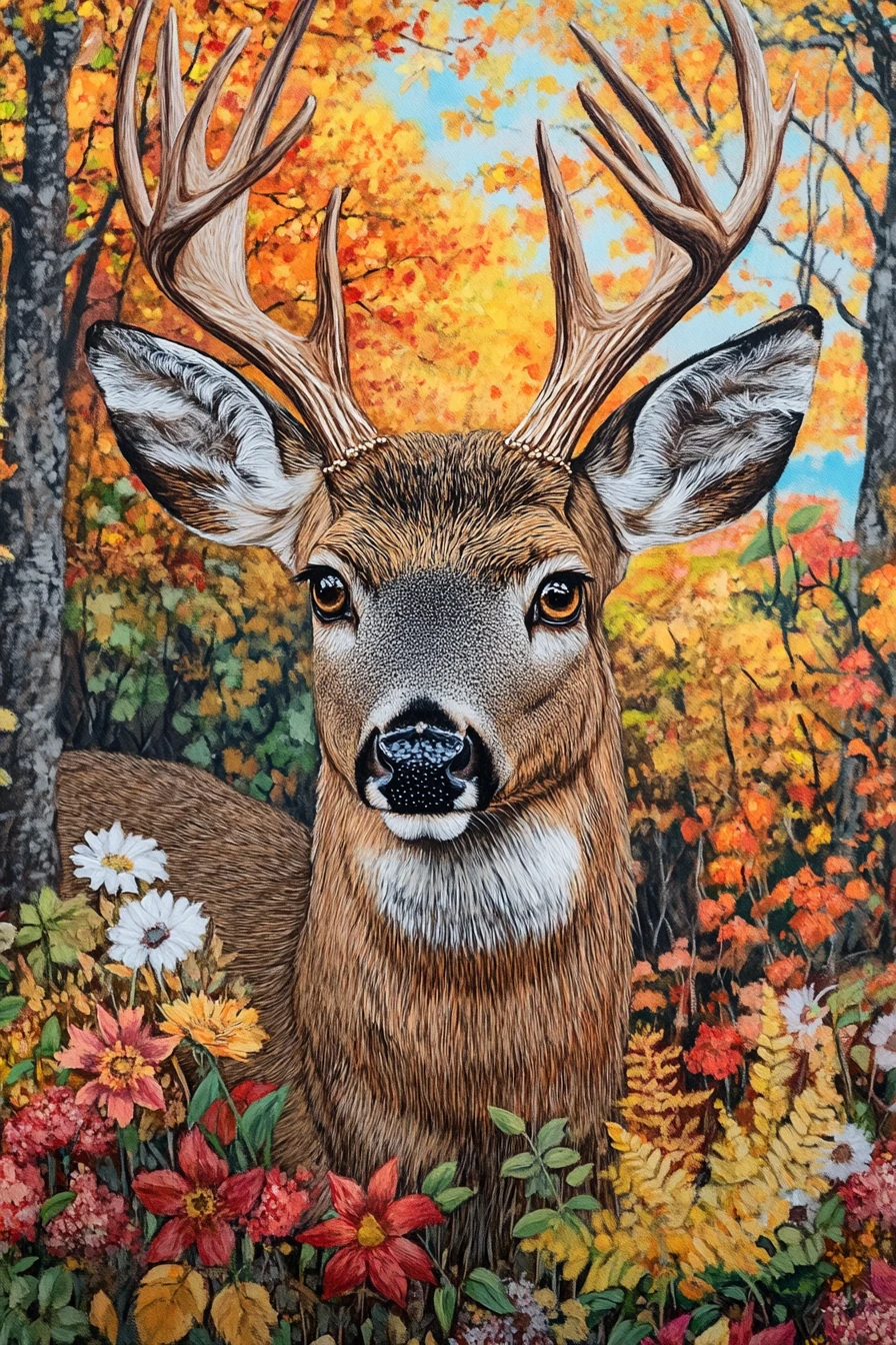 Pintura en primer plano de un venado de cola blanca en el bosque
