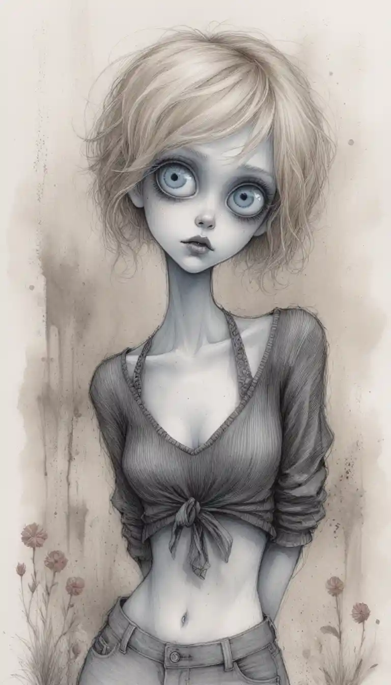 Chica gótica con grandes ojos pálidos en ilustración a tinta