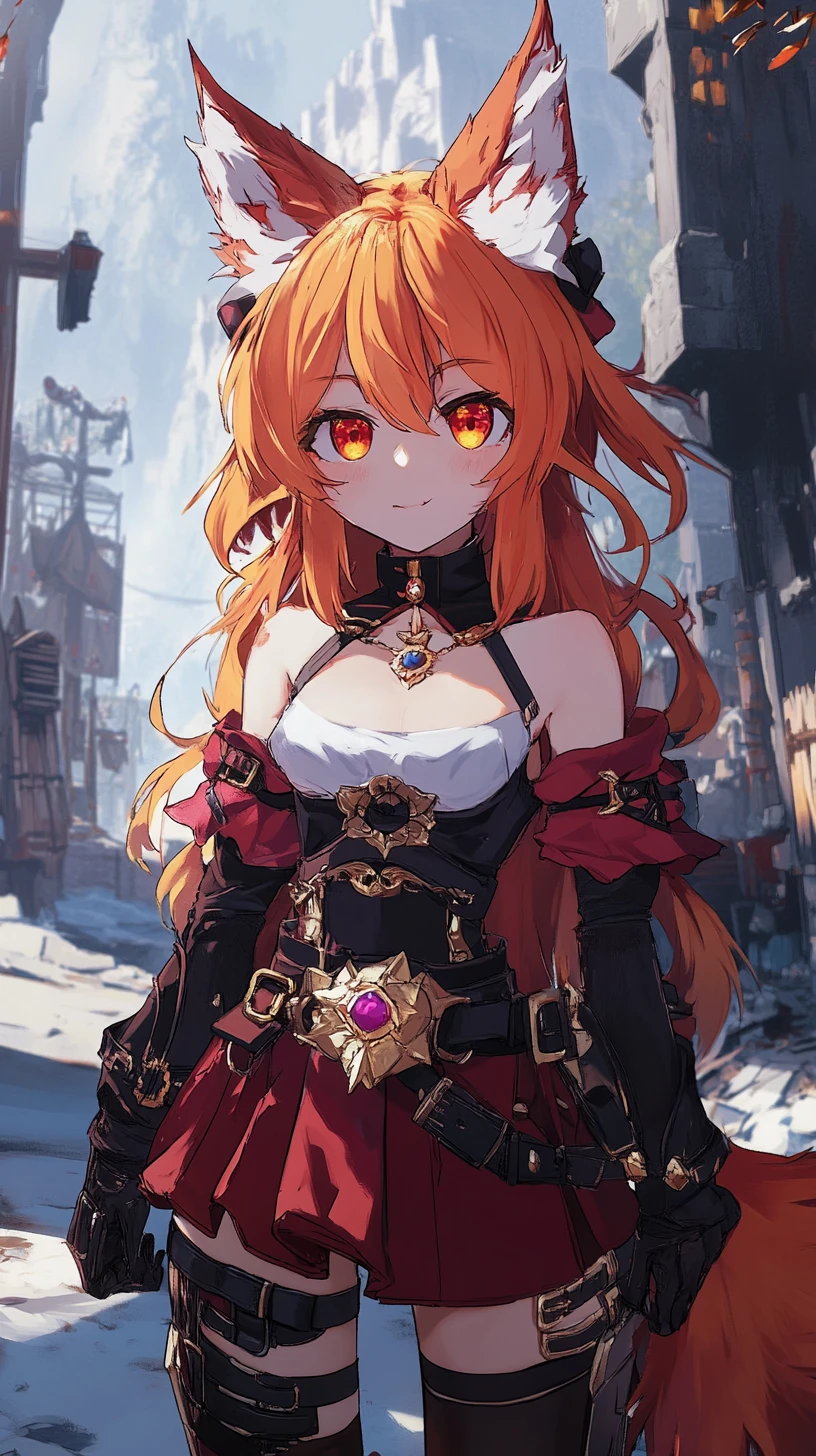 Chica anime con orejas de zorro jugando en un sofá lleno de snacks