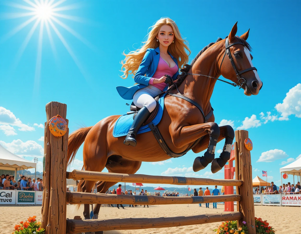 Young girl jumping a chestnut horse in sunlight