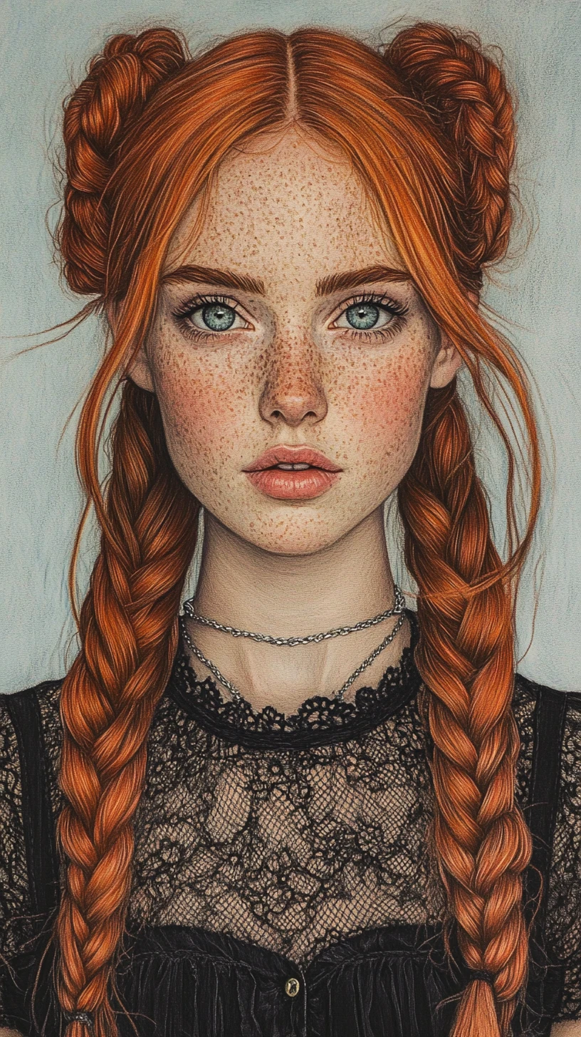 Portrait de fille rousse en dessin détaillé aux crayons de couleur