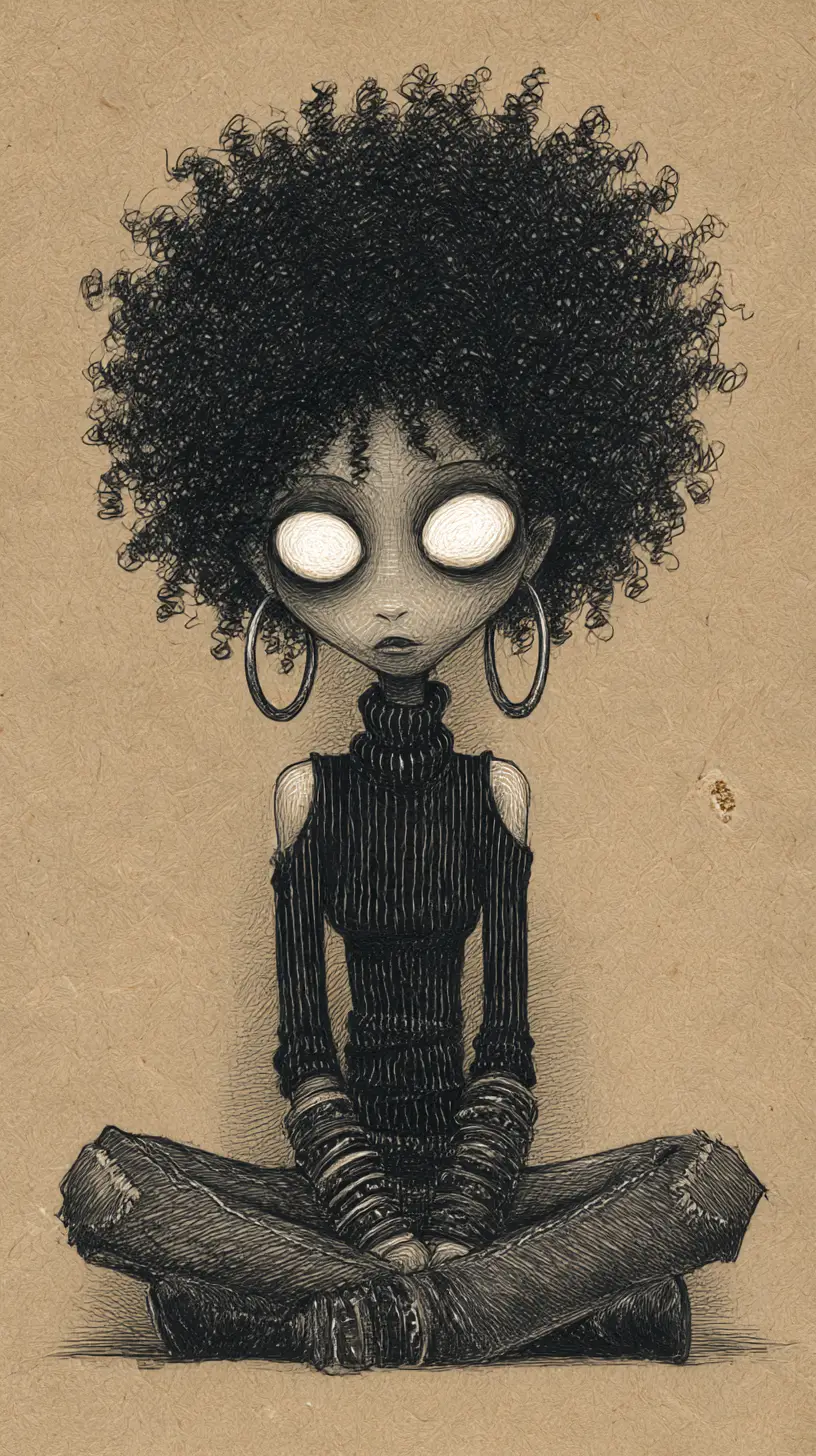 Dessin gothique au graphite d’une femme solennelle aux grands yeux