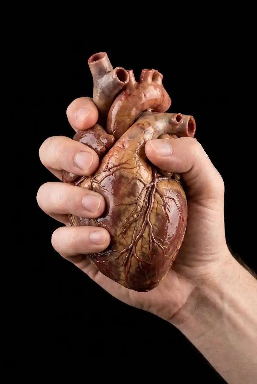 Close up hand holding a real human heart in studio