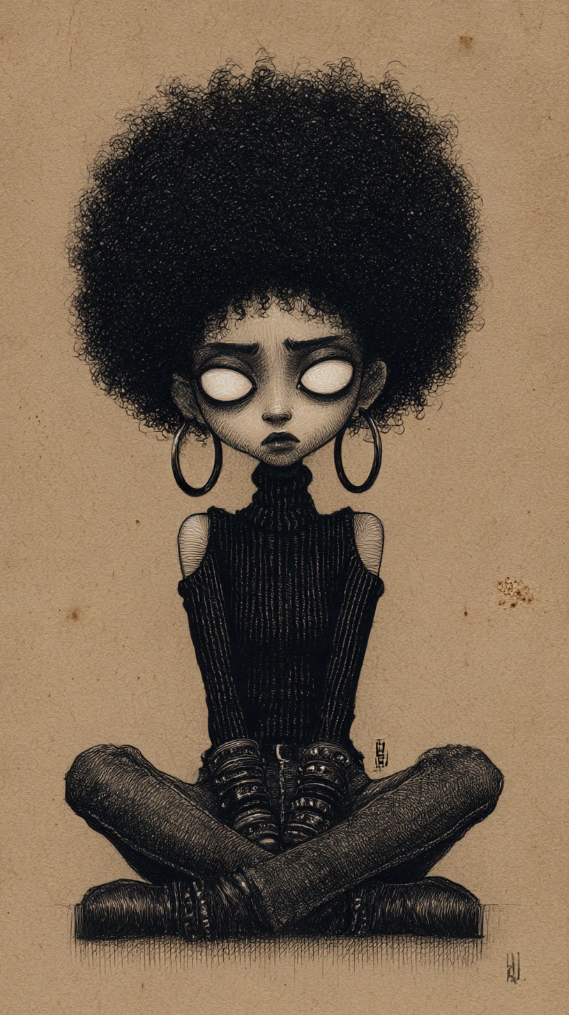 Gothic drawing of a seated woman with wide white eyes