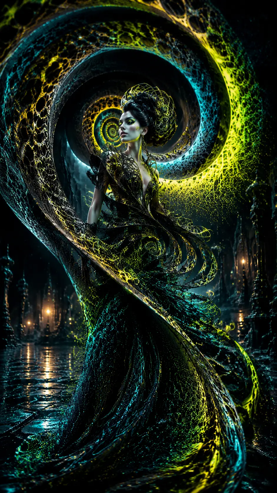 Mujer de alta costura surreal emergiendo de una espiral imposible