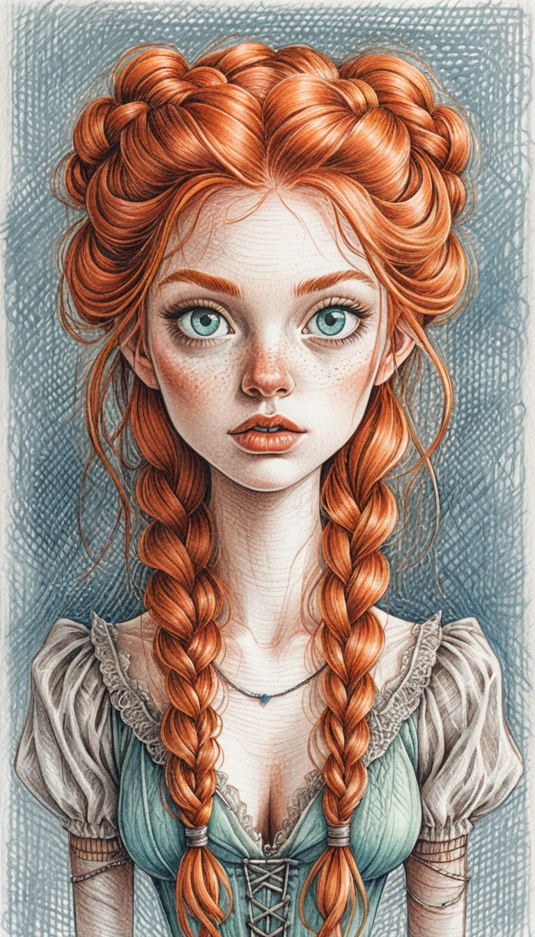 Retrato de chica pelirroja en dibujo detallado a lápiz de color