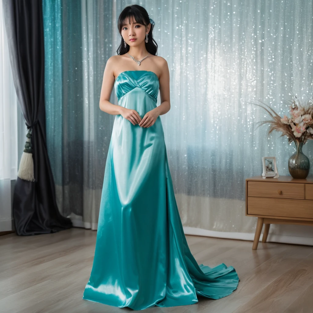 Chica elegante con vestido de satén brillante de pie en el dormitorio