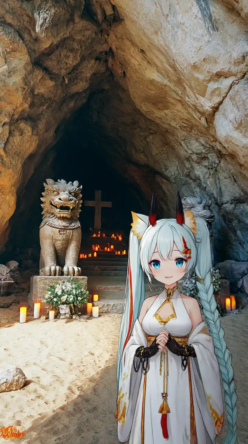 Chained cave entrance guarding a distant ruined chapel
