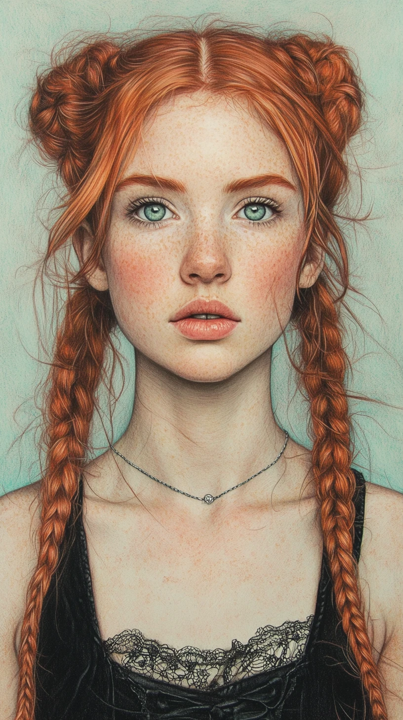 Retrato de chica pelirroja en dibujo detallado a lápices de colores