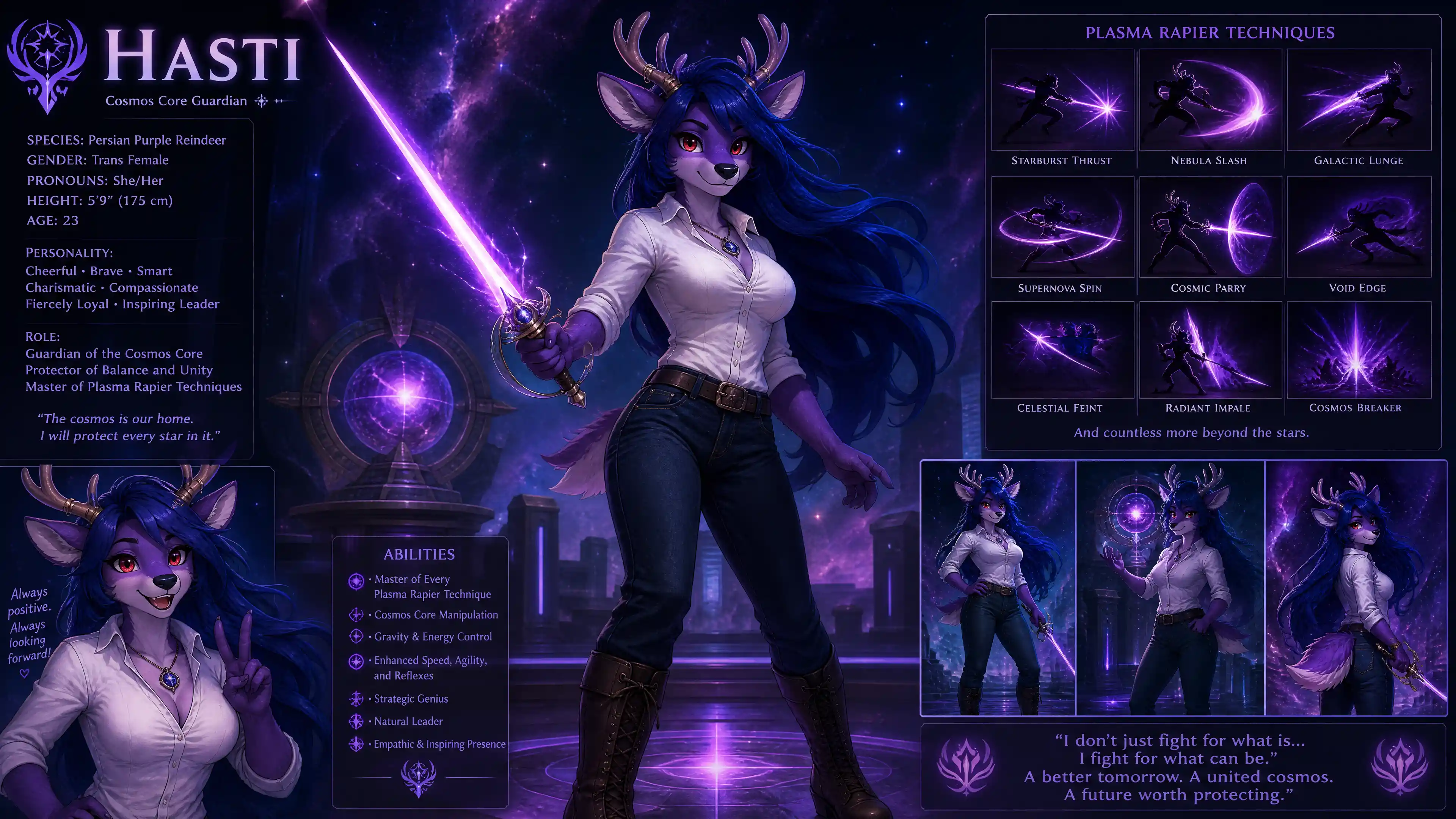 Anthro purple reindeer woman with plasma rapier in cosmos