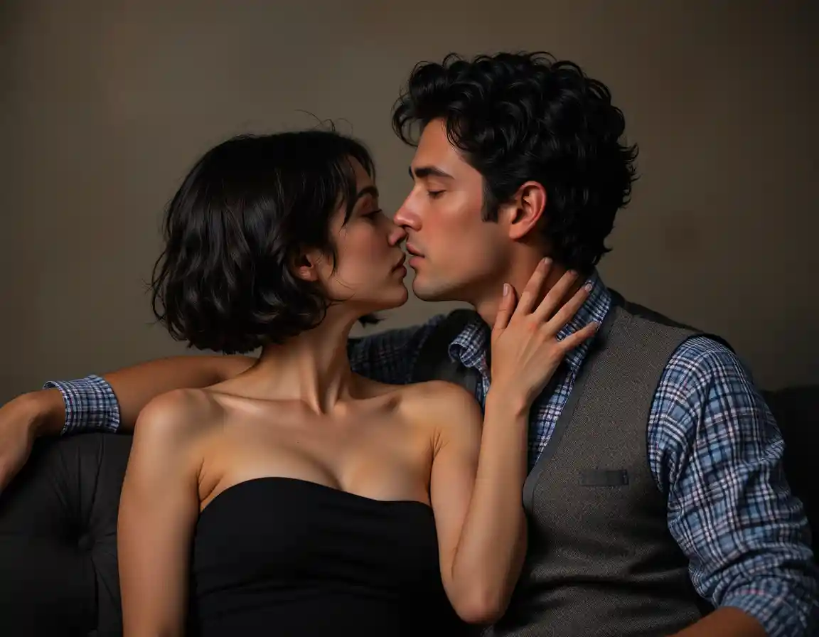 Romantic couple kissing closely on a dark couch