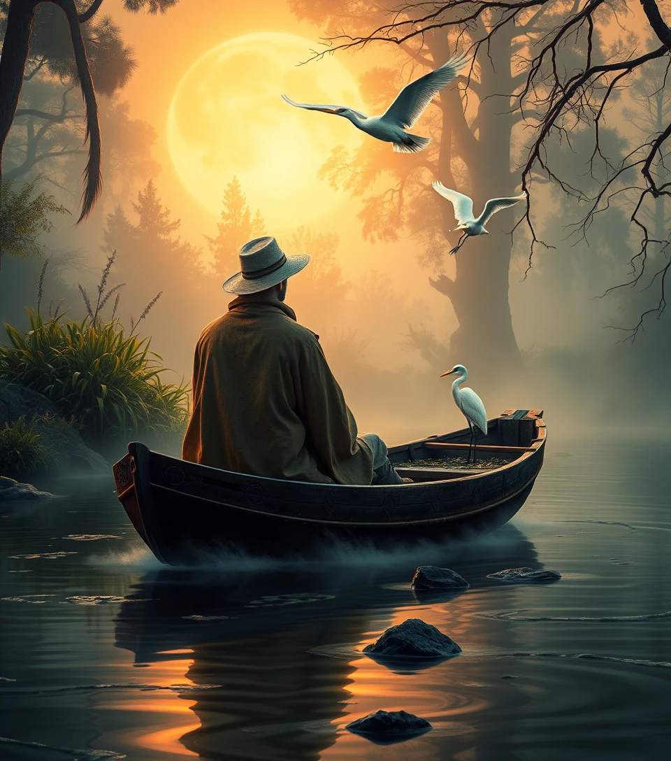 Pareja en un pequeño bote al atardecer en un bosque neblinoso