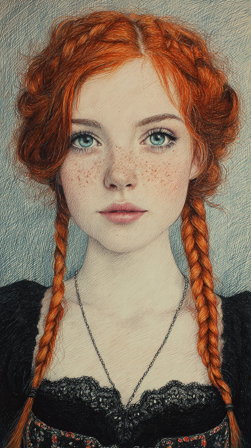 Retrato de chica pelirroja en dibujo a lápiz detallado