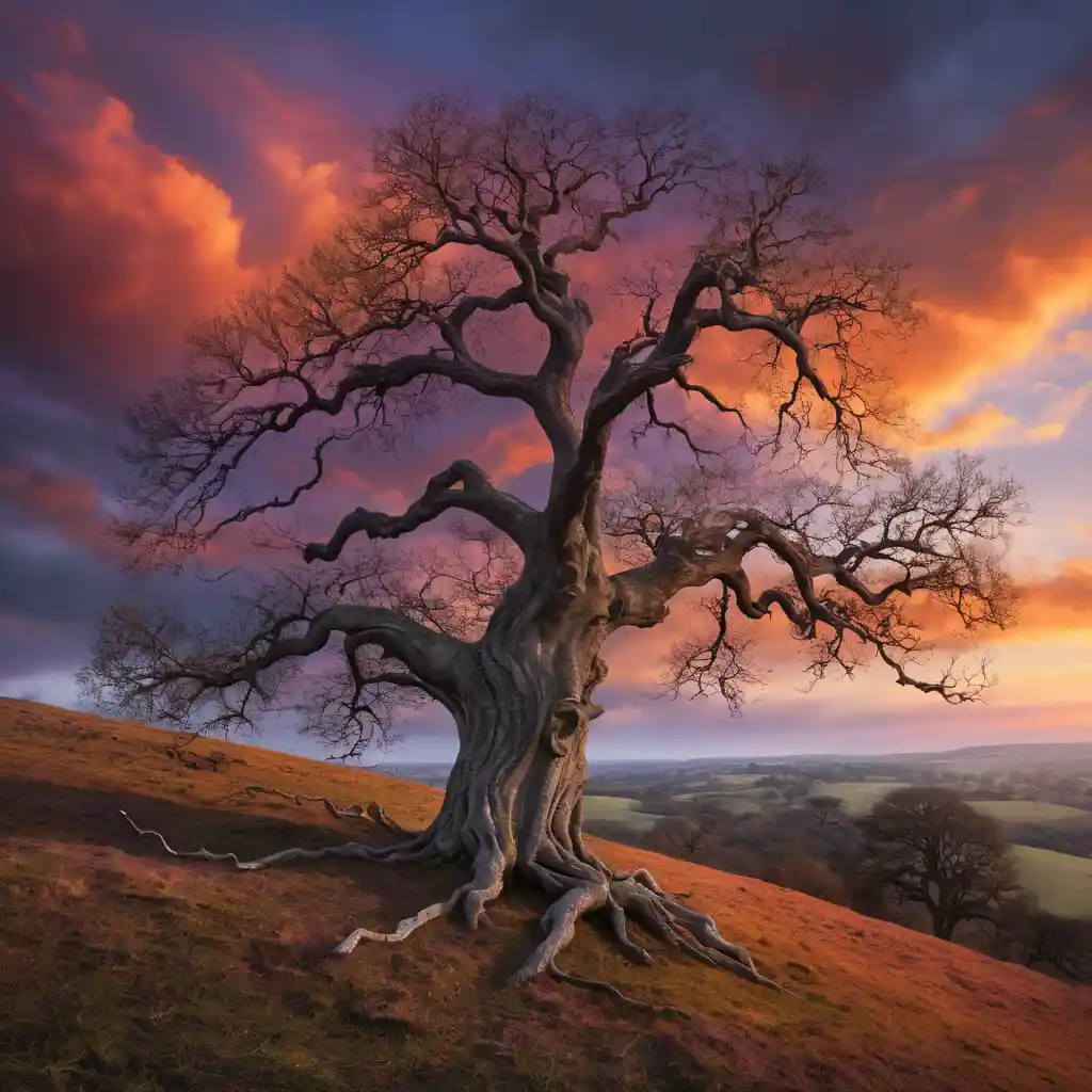 Ancient leafless oak tree on a windswept hill at sunset