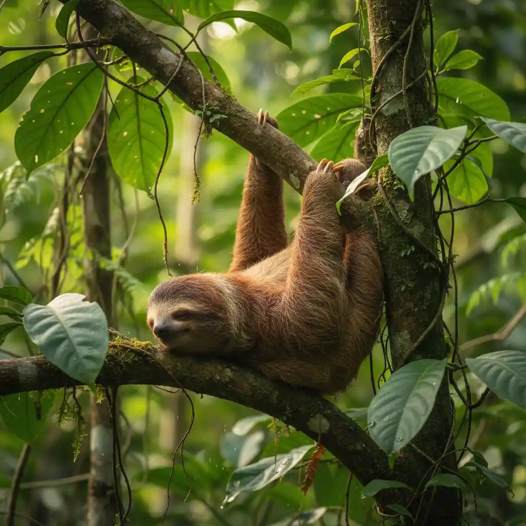 Peaceful brown sloth resting upside down in rainforest