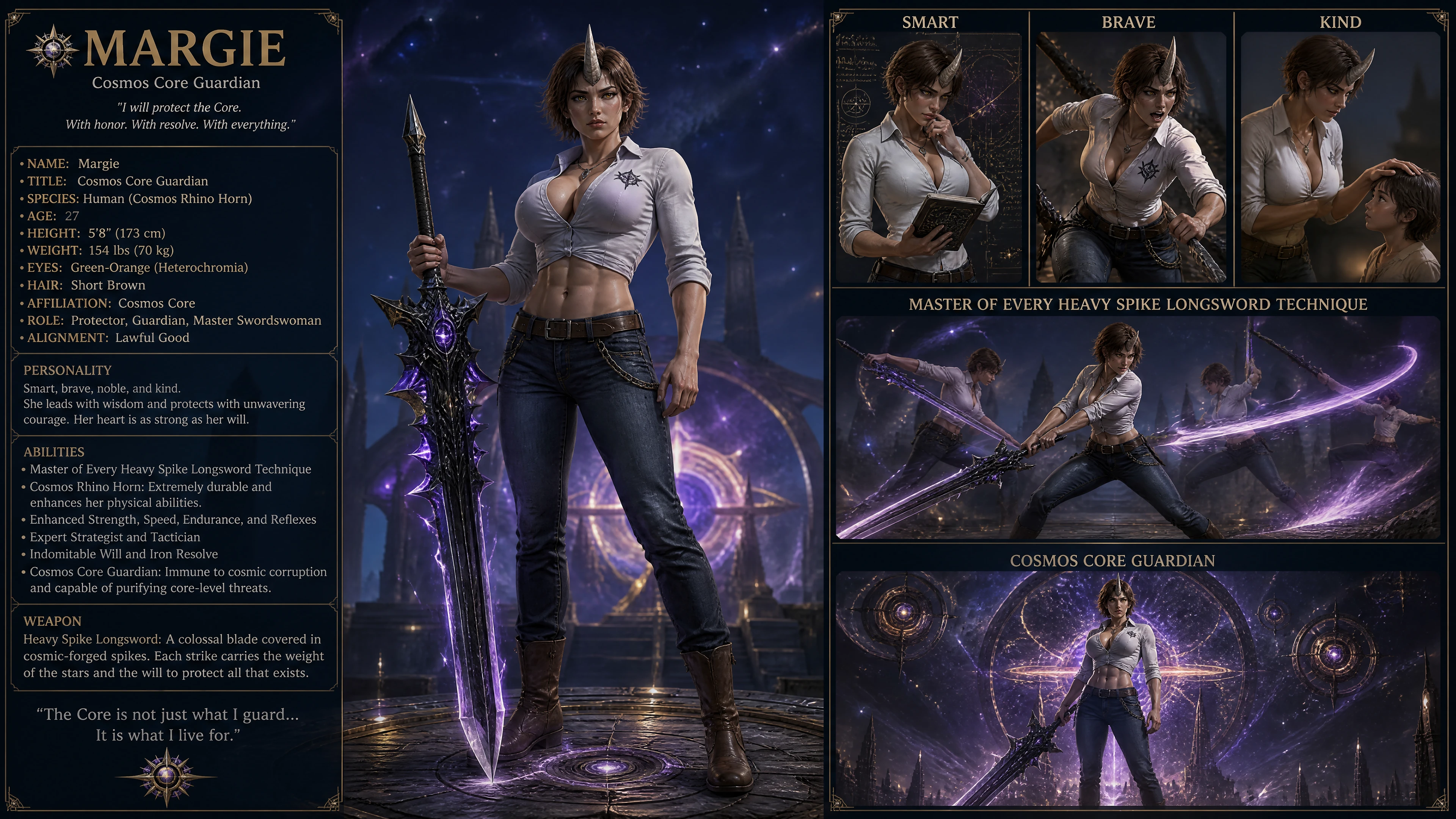 Cosmic warrior woman with rhino horn and spiked longsword