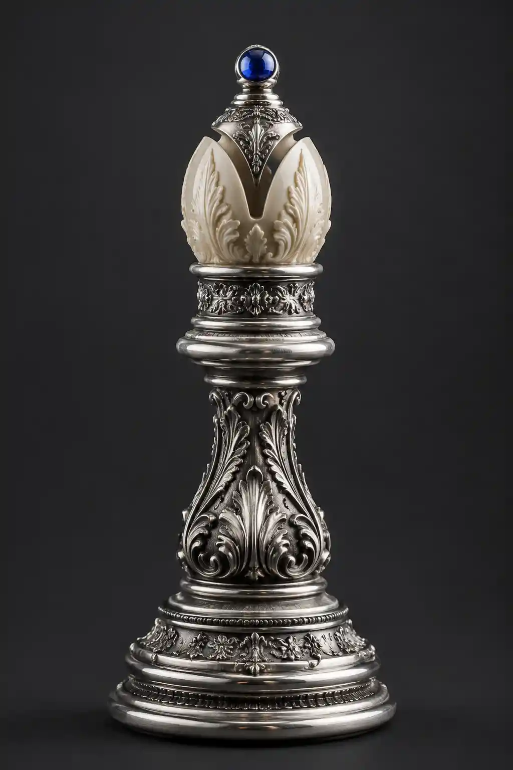 Ornate silver and ivory chess bishop with blue gemstone