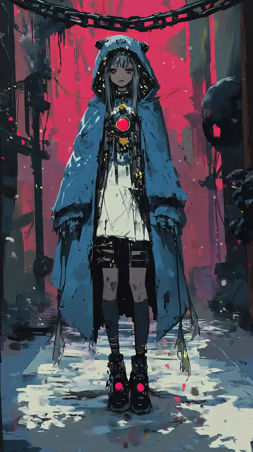 Chica de anime con abrigo azul con capucha y ojos dorados con cicatriz