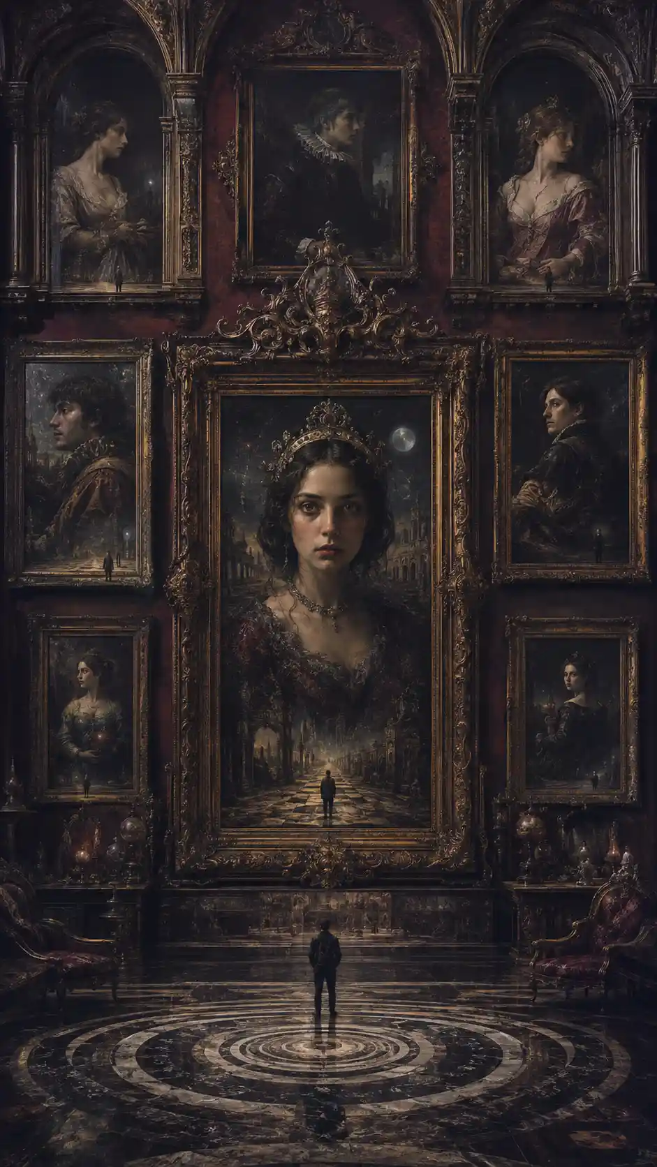 Surreal portrait gallery with a single gaze meeting the viewer