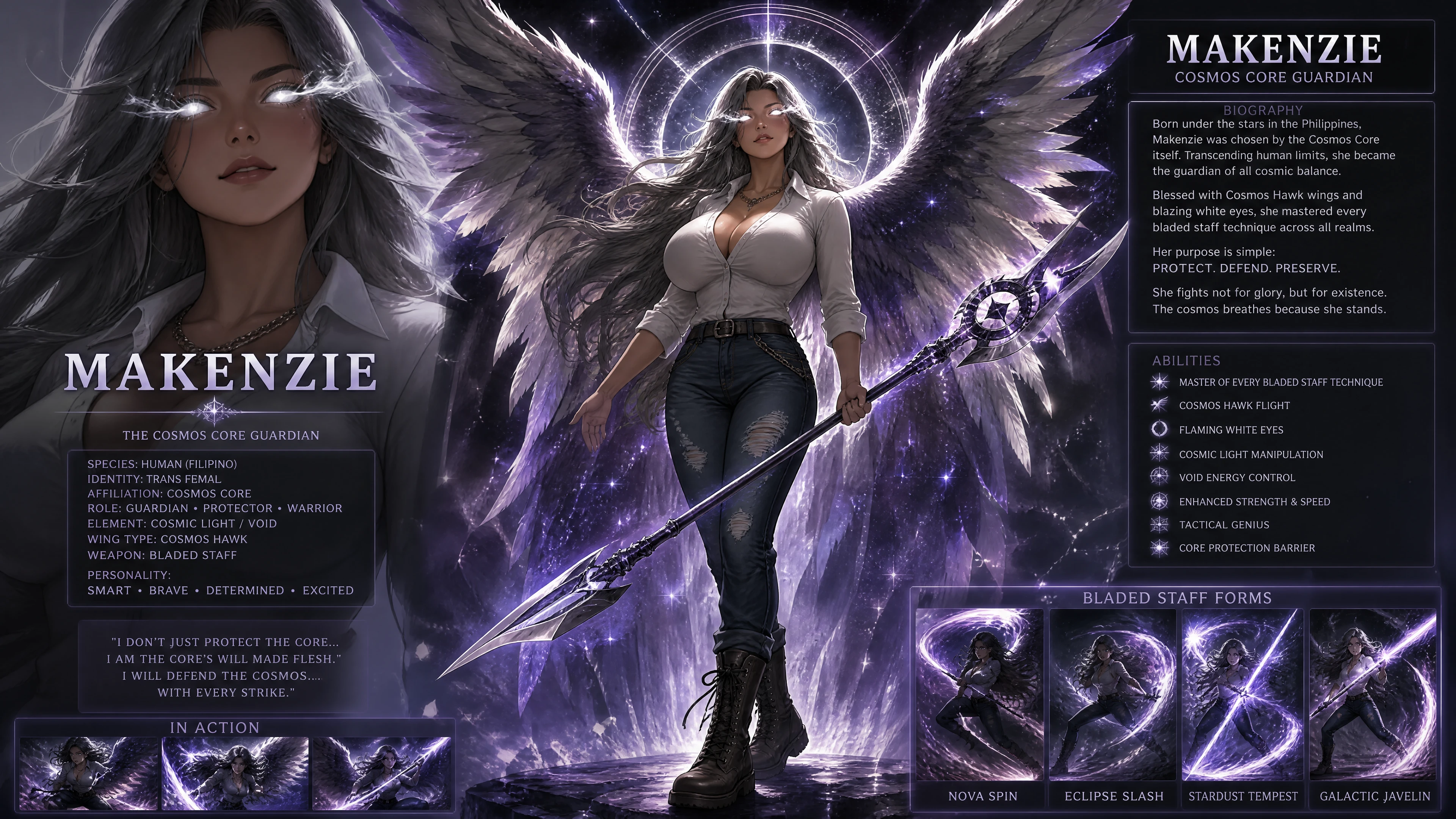 Cosmic winged guardian woman with blazing white eyes