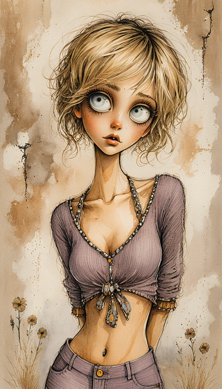 Retrato gótico a tinta de una chica nerviosa con ojos azul pálido