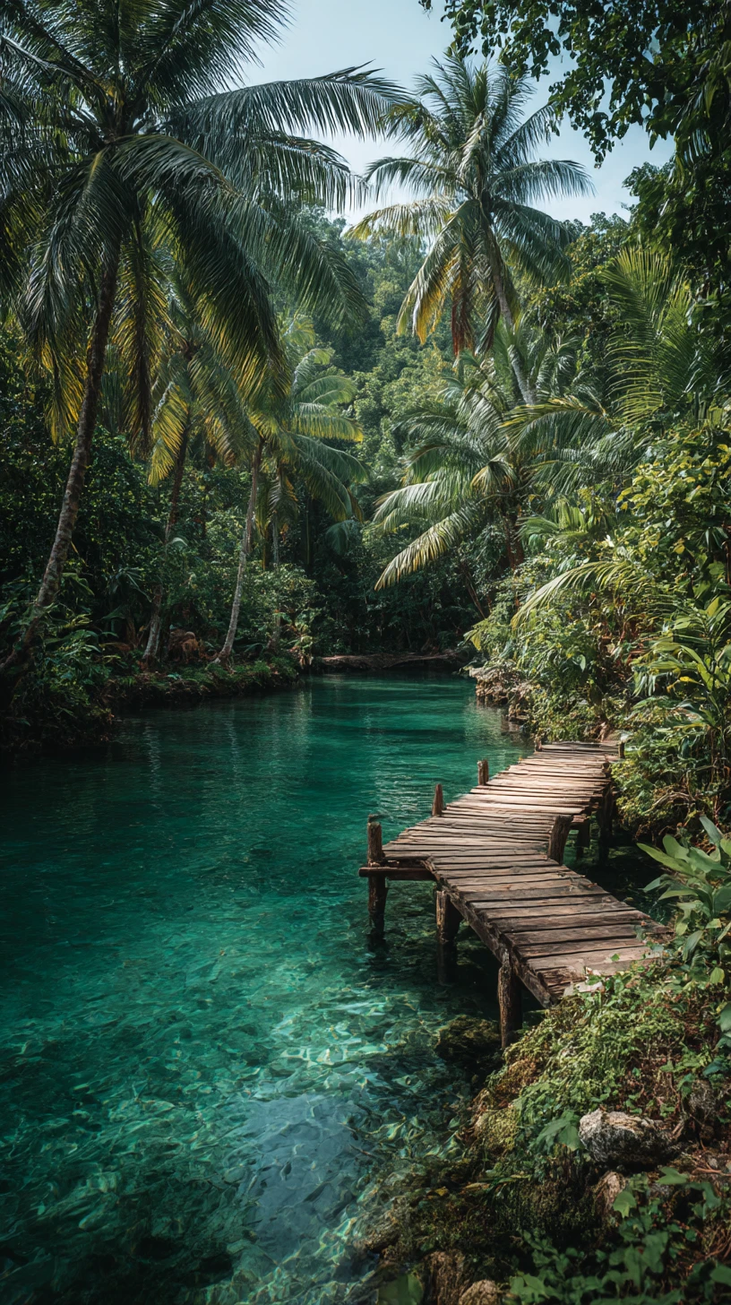 Laguna tropical oculta con agua esmeralda y muelle