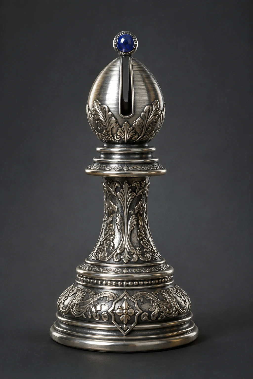 Ornate Silver Chess Bishop With Blue Gemstone Detail
