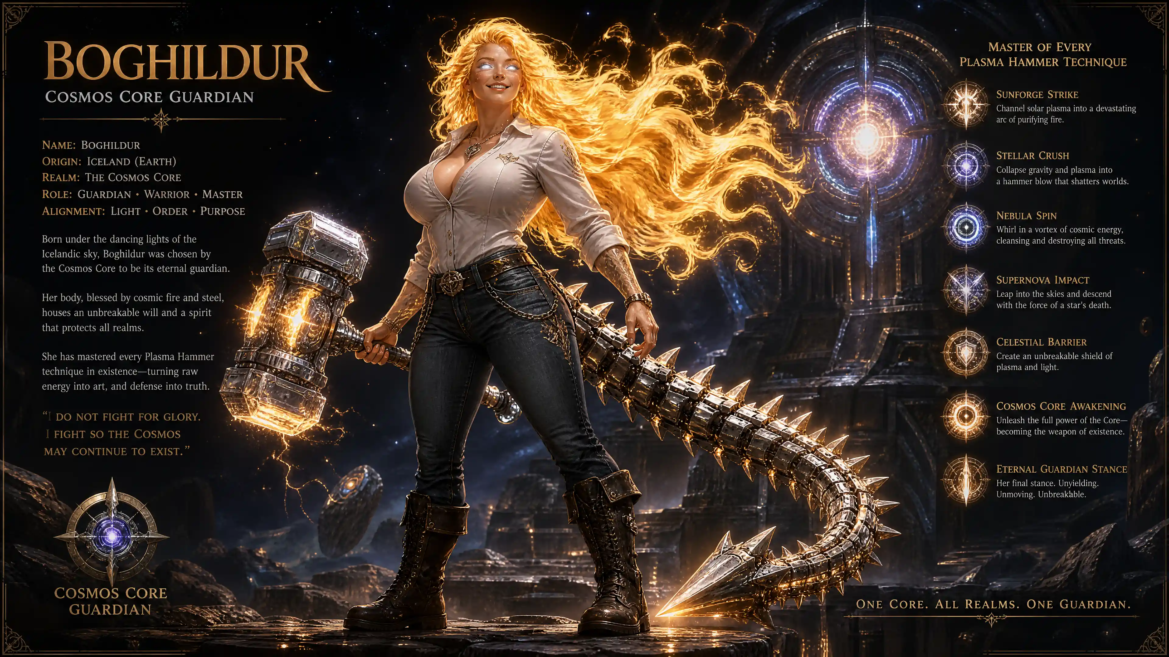 Allegra guardiana cosmica con capelli fiammeggianti e occhi luminosi