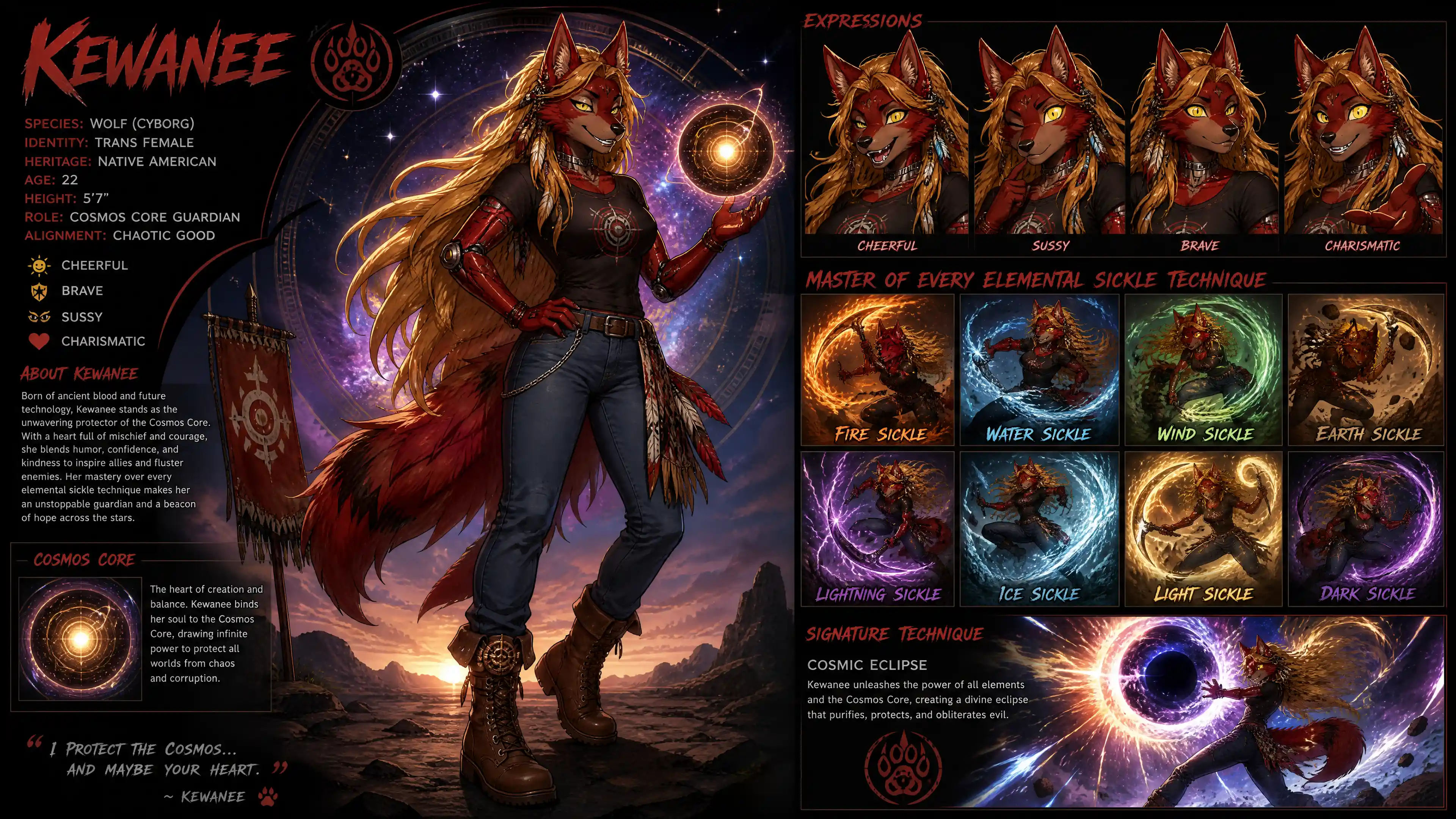 Cheerful cyborg wolf girl with long gold hair standing proudly