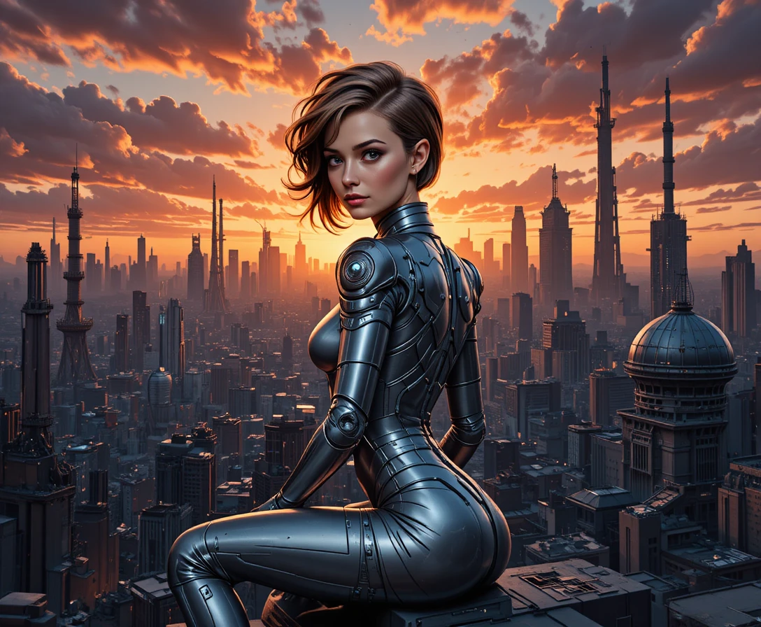 Mujer futurista acorazada sobre una ciudad brillante al atardecer