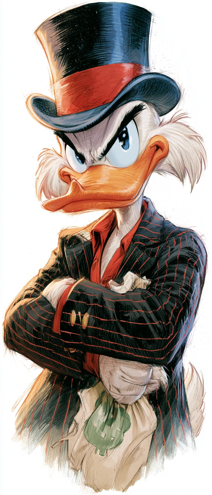 Cartoon gangster duck holding a money bag on white