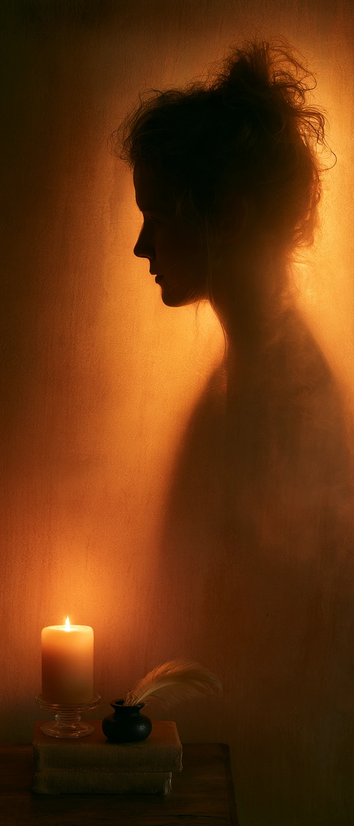 Silueta de mujer y vela en una pared suavemente iluminada