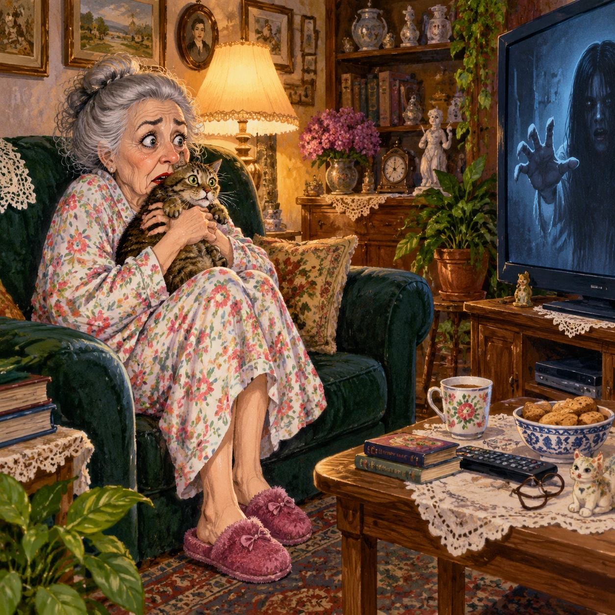 Elderly woman clutching her cat during a scary movie
