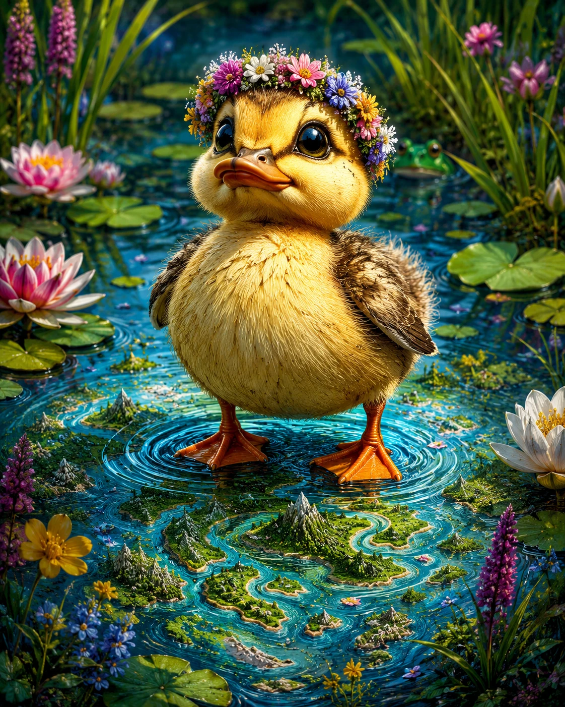 Cute cartoon duck with floral crown in a pond