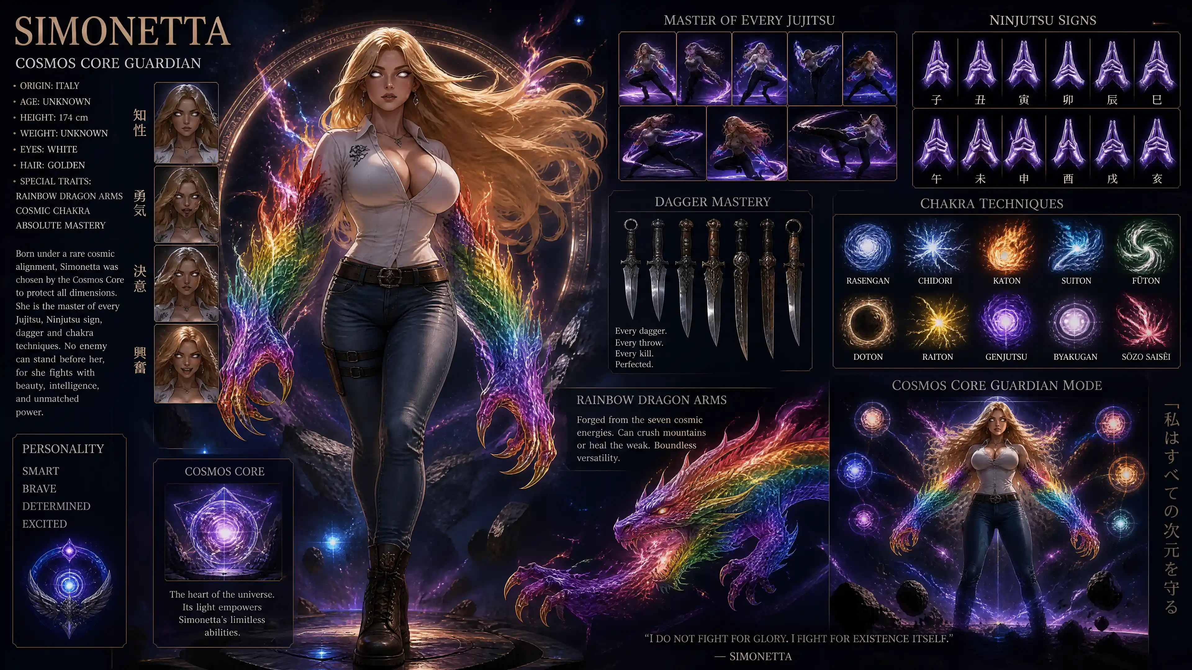 Guardiana cosmica con braccia di drago arcobaleno nello spazio