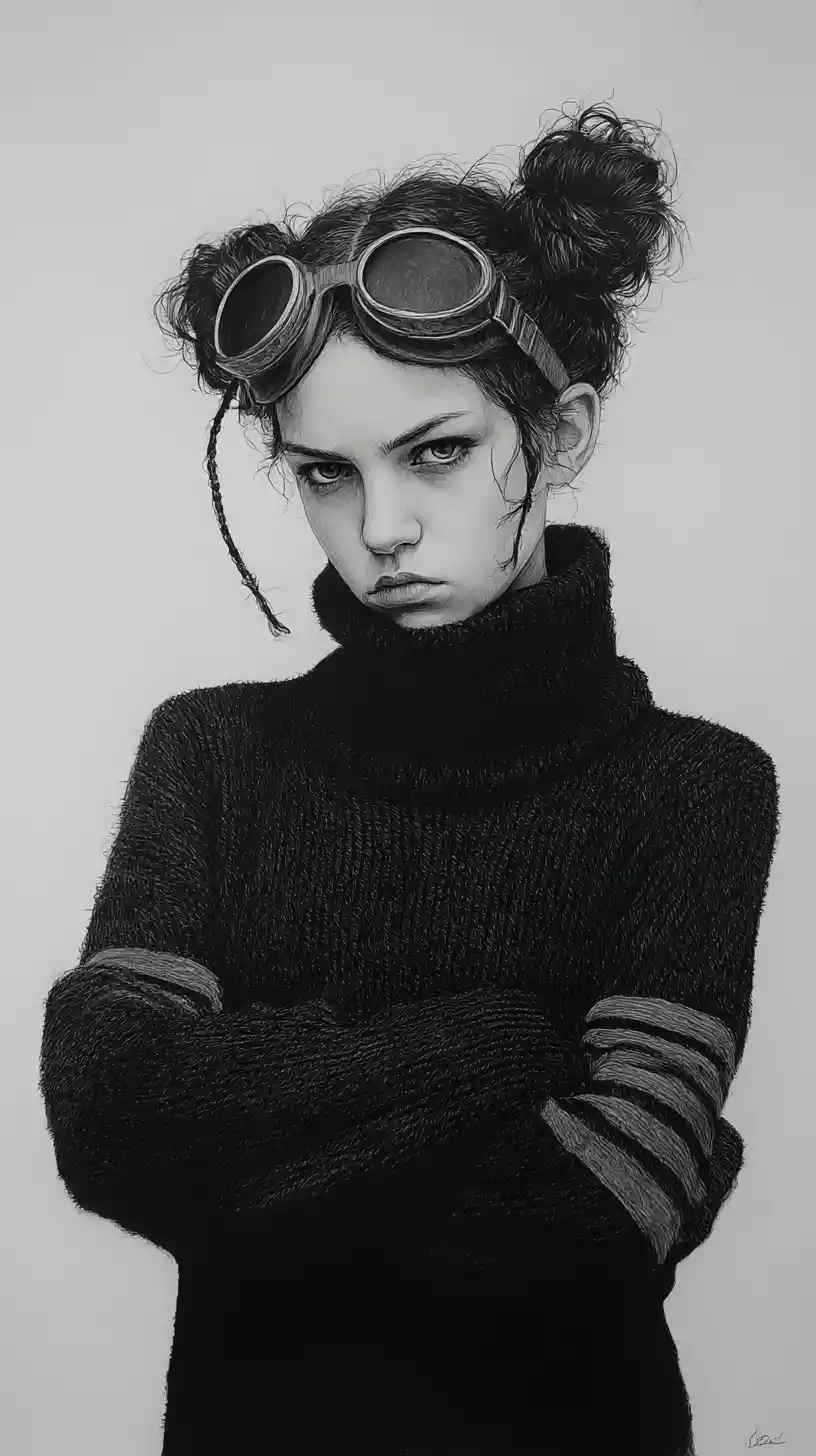 Chica melancólica con gafas en retrato a lápiz en blanco y negro