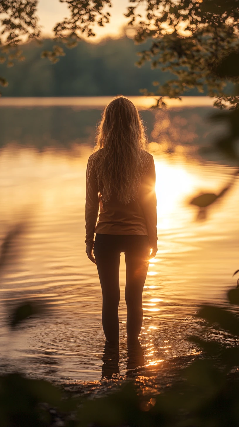 Young woman by a still lake at golden hour