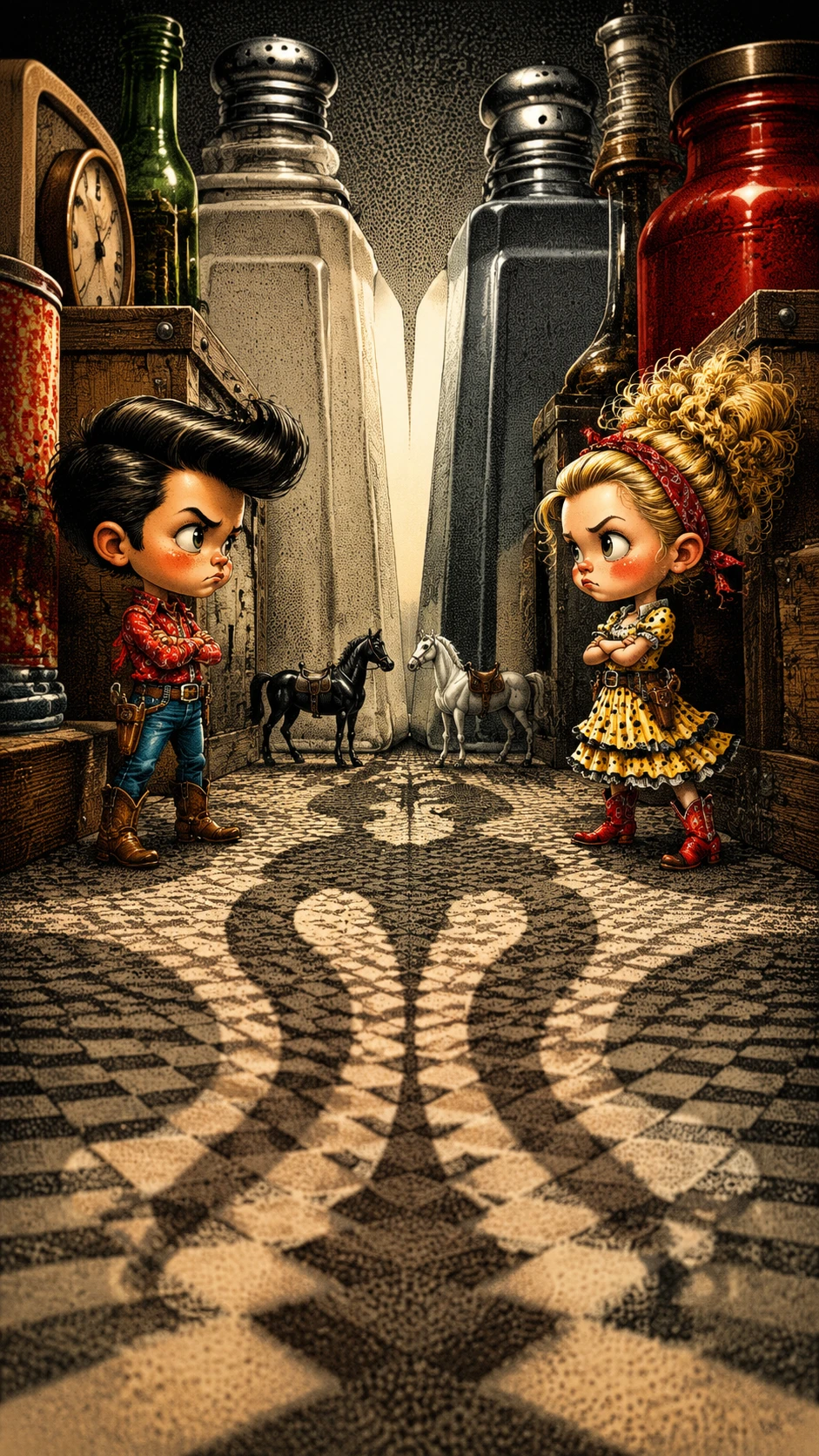 Piccoli bambini in un divertente duello in stile western – illustrazione