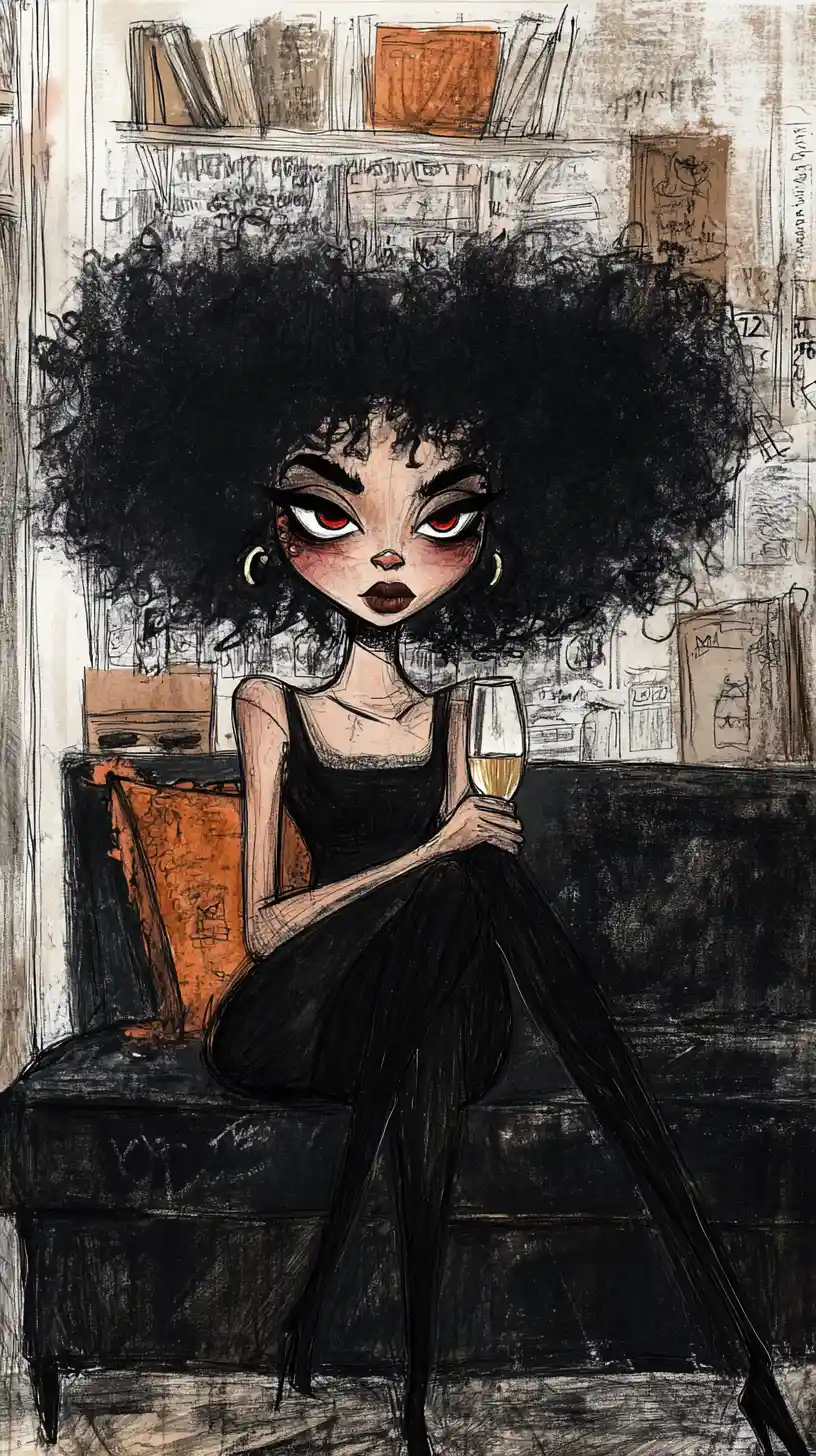 Ilustración de mujer negra relajada reclinada en un sofá oscuro