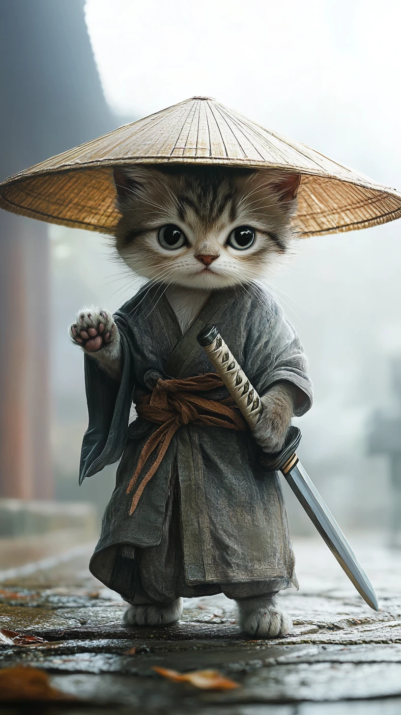 Gato guerrero chibi con sombrero de bambú y espada en la niebla