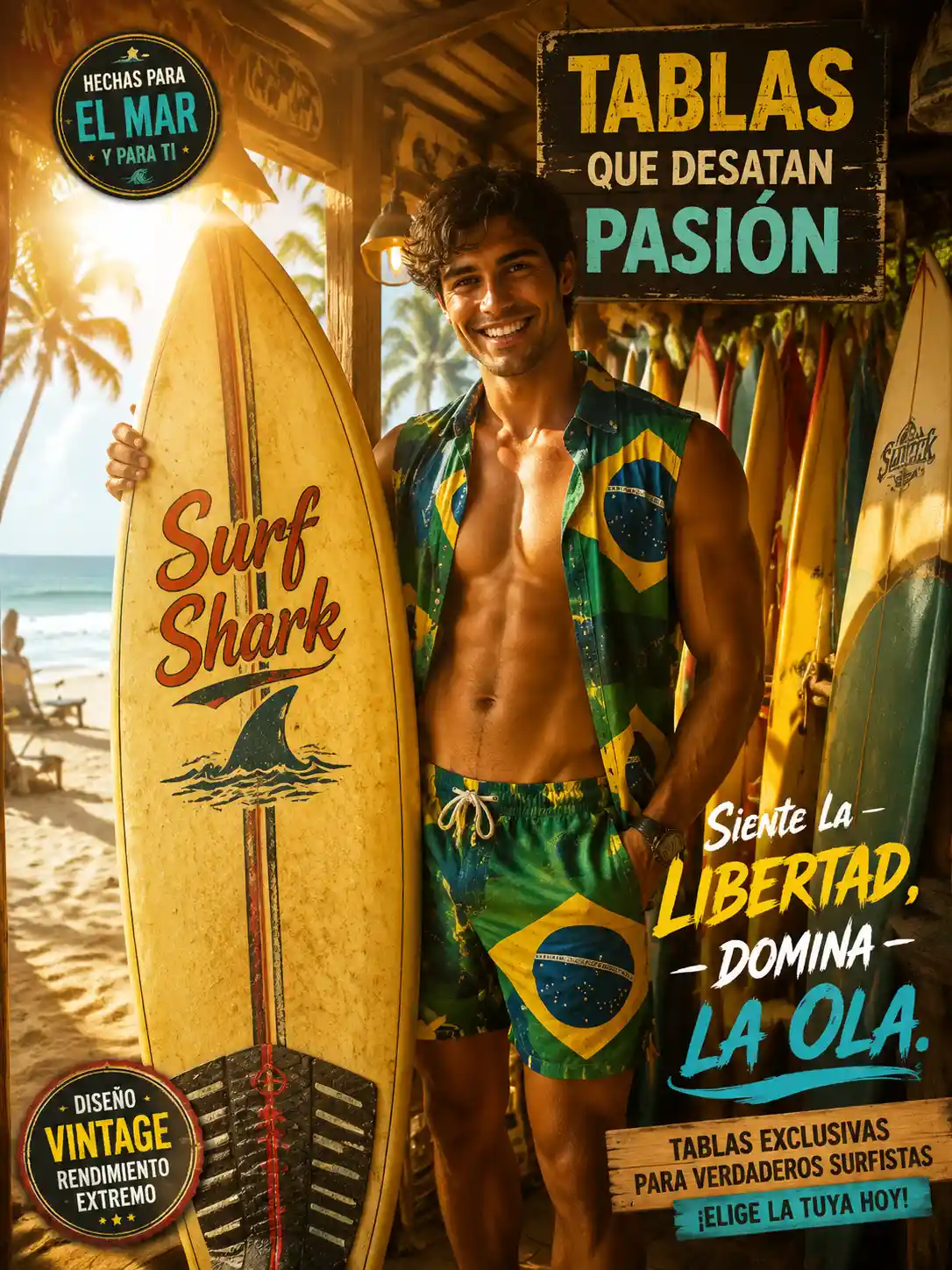 Vendedor brasileiro de pranchas de surf posando em barraca de praia ensolarada